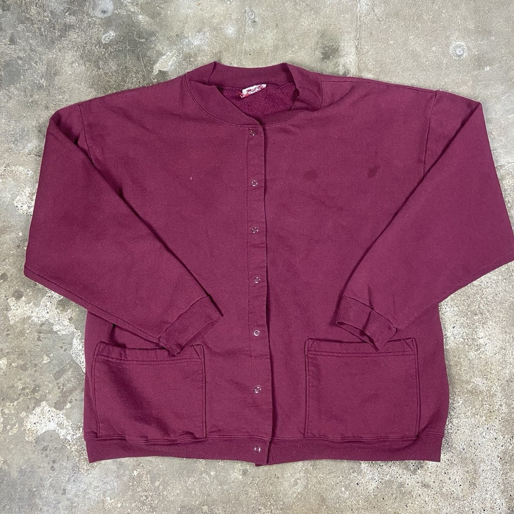 Vintage 80s Cardigan Sweatshirt Women's Large Burgundy Snap Down Front Pockets